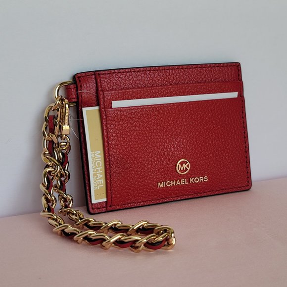 MICHAEL KORS Jet Set Small ID Pebbled Leather Chain Card Holder Case-Crimson $69 - Picture 3 of 16